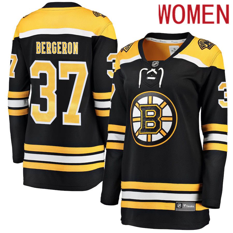 Women Boston Bruins 37 Patrice Bergeron Fanatics Branded Black Home Breakaway Player NHL Jersey